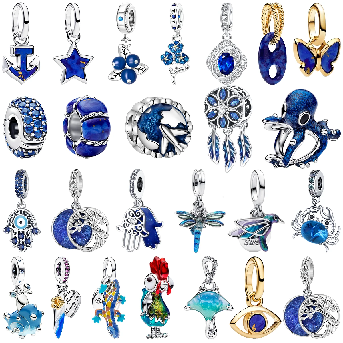 Perle d'espacement et pendentif en Argent S925, breloques bleues et violettes, avec pierre bleu marine, motifs Ancre, Crabe, Pieuvre, Étoile, Papillon, pour la création de bijoux et la personnalisation de bracelets