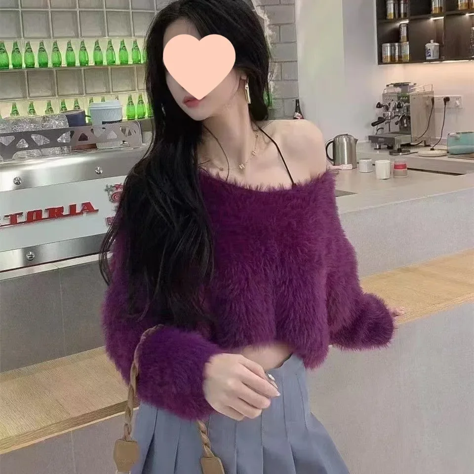 Women's Autumn/Winter New Style Soft Supremely Cropped Sweater Off-The-Shoulder Inner Knitted Top Long Sleeve Pullovers