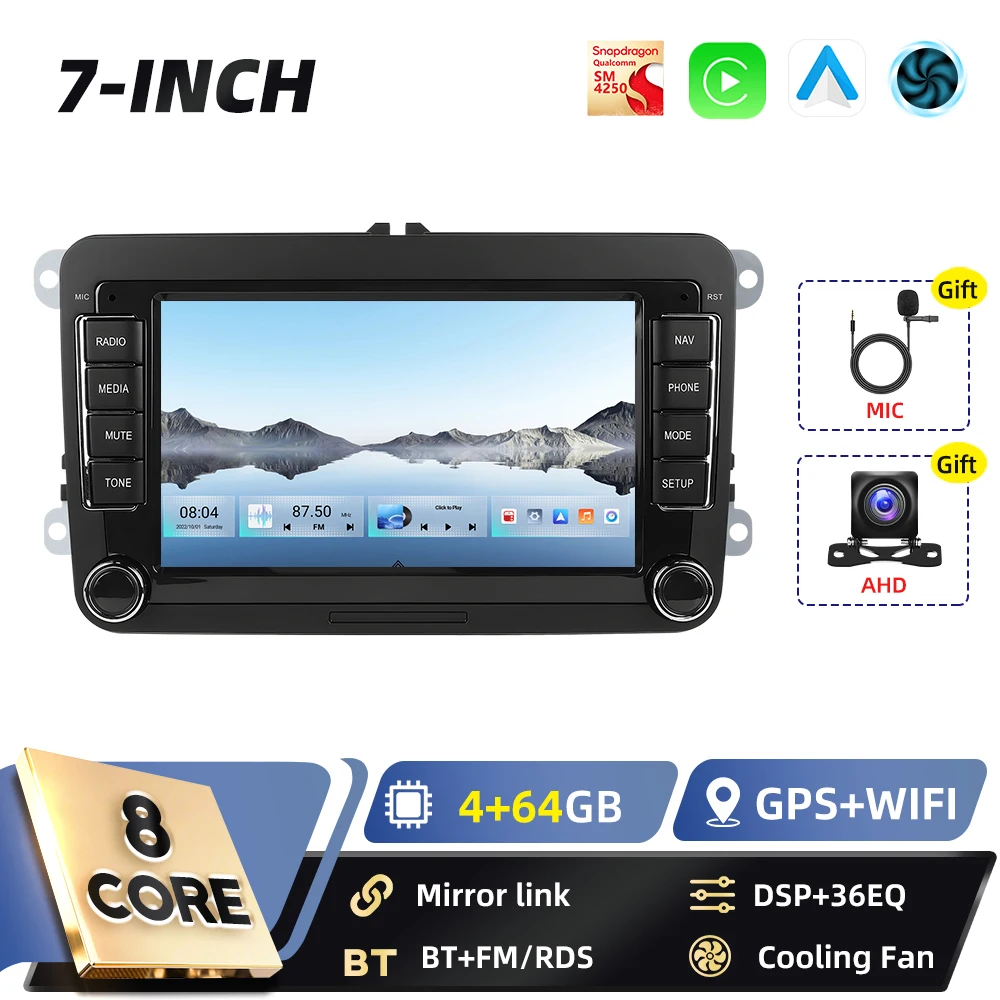 Podofo 7-Zoll Android 2Din Autoradio für VW POLO Seat Altea JATTA PASSAT GOLF mit Carplay, Android Auto, GPS-Navigation, DSP, BT, FM, RDS