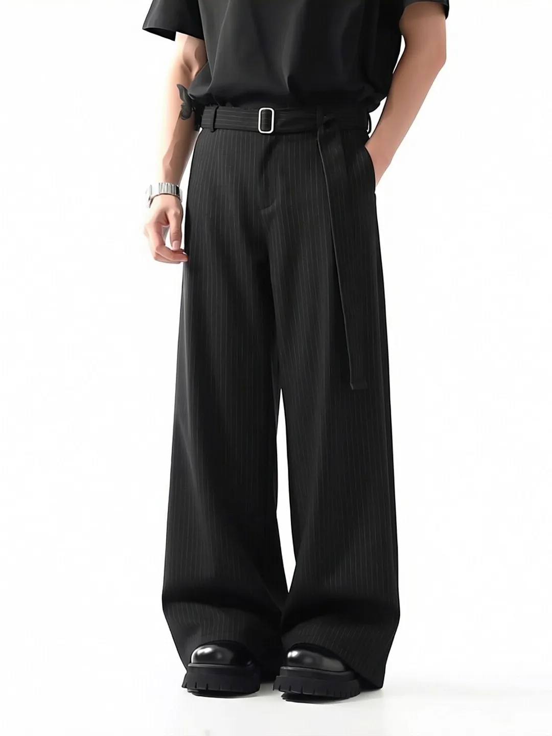 Casual Business Style Men's Wide Leg Pants Pleated Waist Belt Design Loose Straight Cut Trousers Korean Style Stripe Pants