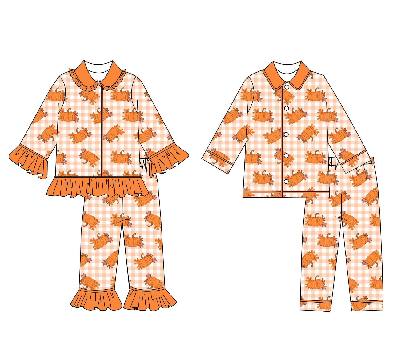 

New autumn pumpkin and colorful plaid print boys and girls Thanksgiving series long sleeve and long pants boutique pajama sets