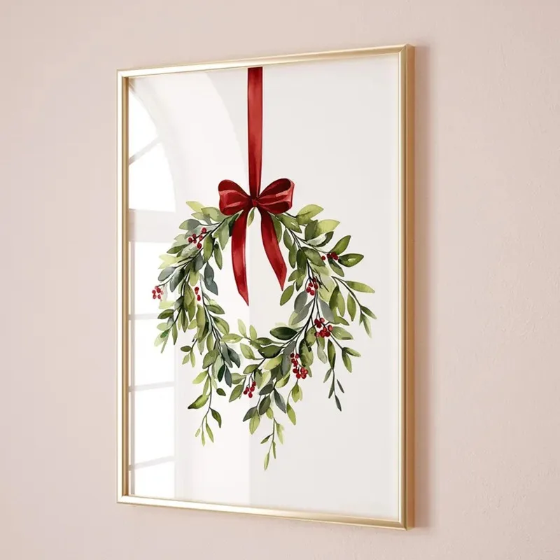 Weihnachtskranz-Druck, Weihnachtsschleife-Druck, rote Schleife, Urlaubsdekoration, Weihnachtsposter, rote Weihnachtsschleife, Wandkunstdrucke