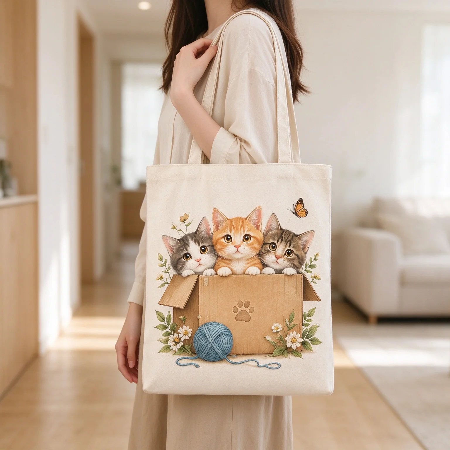 Kittens In Cardboard Box Canvas Tote Bag Women Reusable Shopping Bag Casual Handbag For School Travel Daily Use Gift