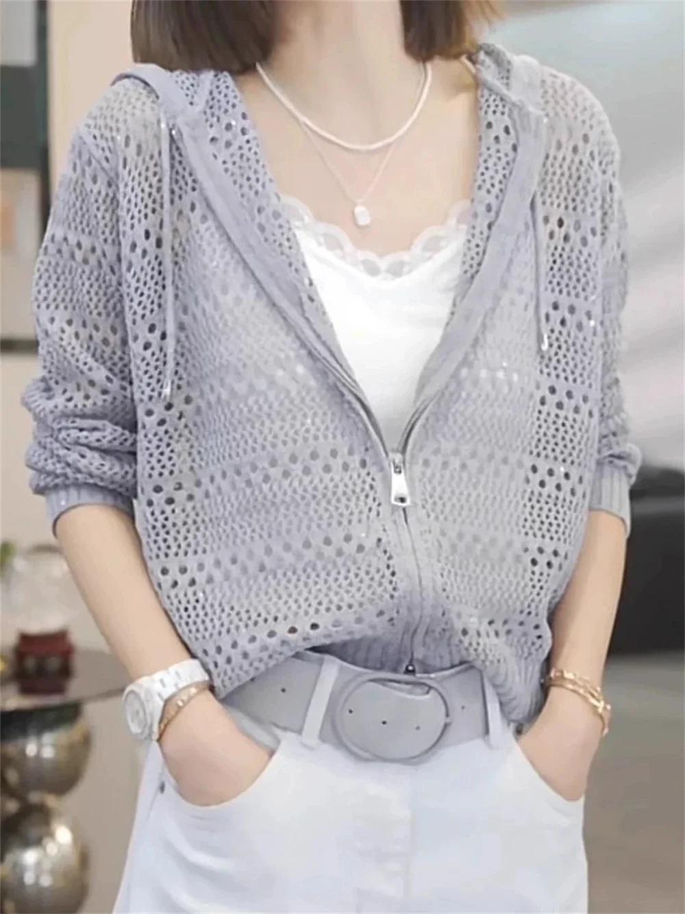 Hooded Hollow Zipper Knitted Cardigan 2026 Spring and Autumn Style Sweater Women's Fashionable Casual Long Sleeved Loose Top