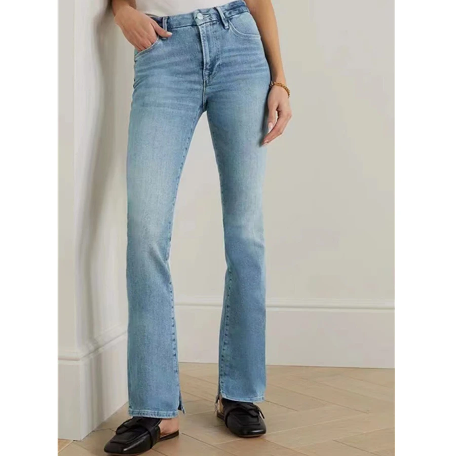 

Maxdutti French Minimalist Fashion Light Blue High Waisted Slightly Flared Leg Opening Slim Fit Denim Pants For Women's Jeans