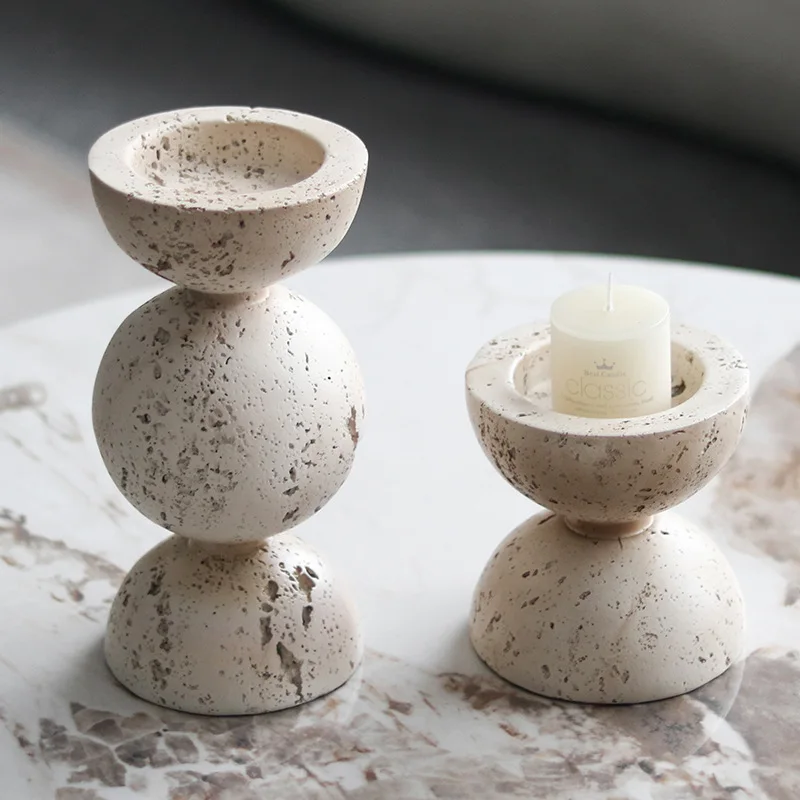 Wabi Sand Wind Imitation Marble Yellow Travertine Candle Holder Creative Ornament Model Room Hotel Dining Table Candle Holder Ar