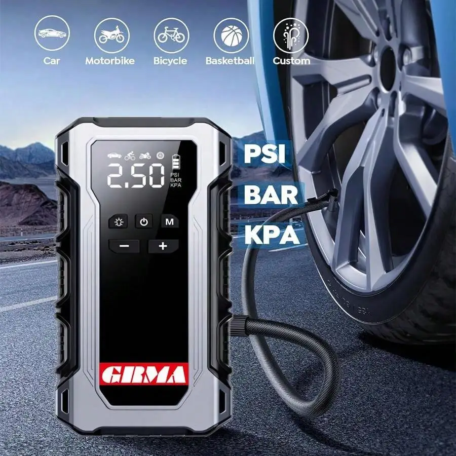 

12V Portable Car Jump Starter With Built-In LED Light And Air Pump For Cars Motorcycles Bicycles