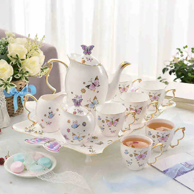 Beautiful 3D Butterfly Design China Ceramic Coffee Tea Set Gift Box Teapot Cup with Tray Set