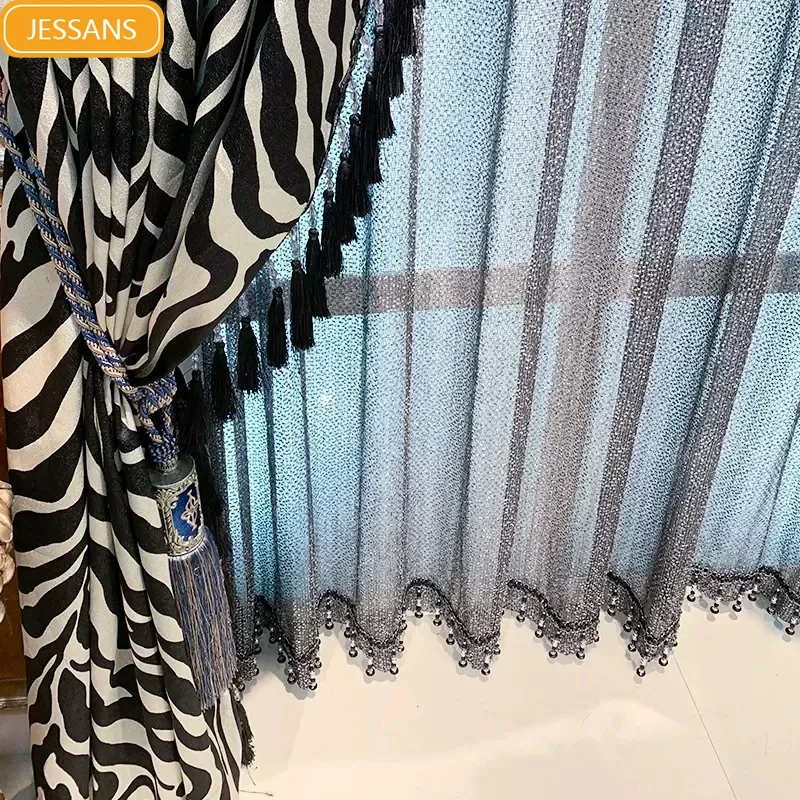 New Zebra Stripes Black and White Jacquard Thickened Blackout Curtains for Living Room Bedroom Window French Window Customized