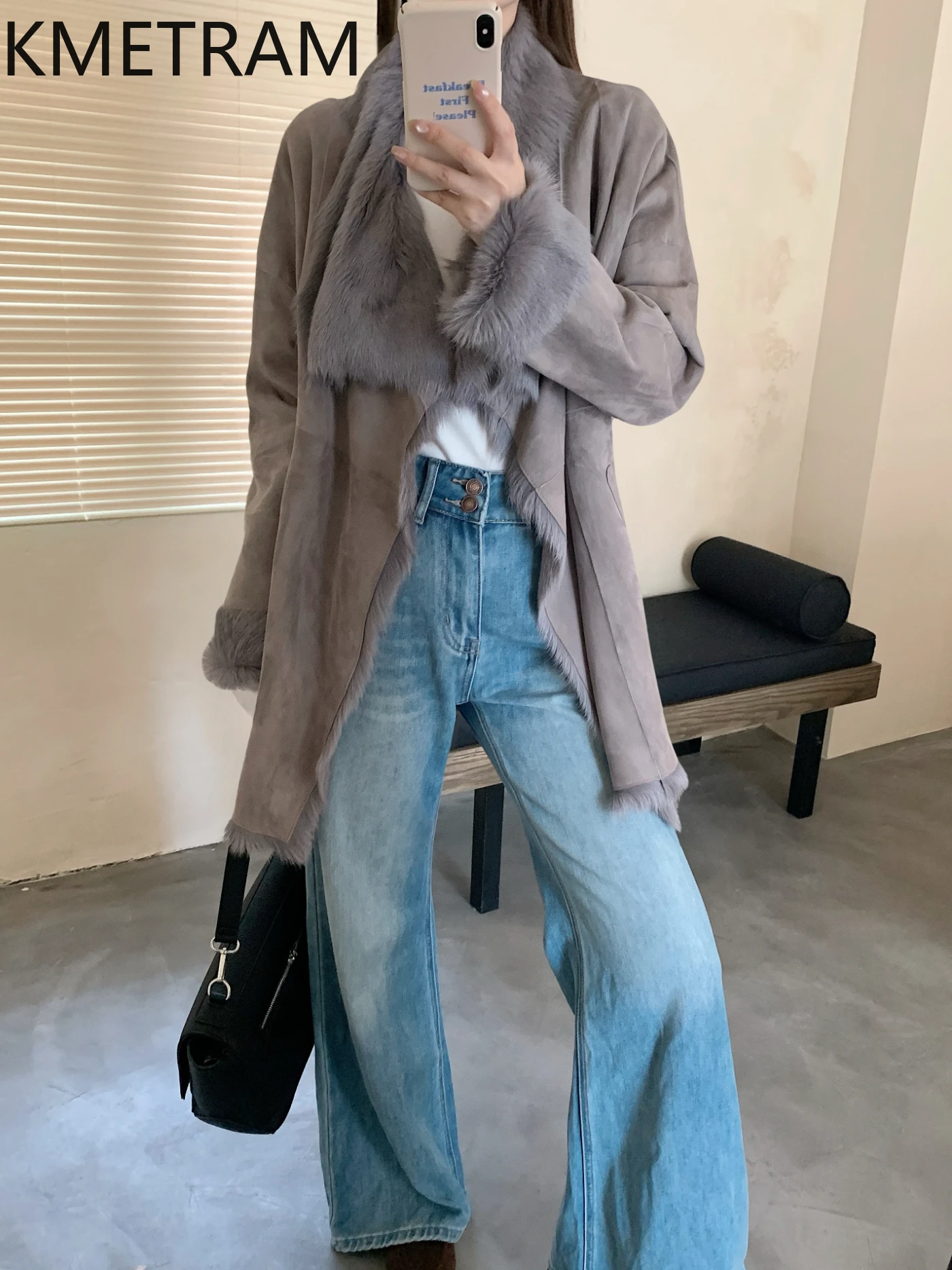 KMETRAM Real Goatskin with Wool Attached Jacket Women Luxury Mid Length Fur Coat 2025 Winter New in Coats Woman Clothing шуба