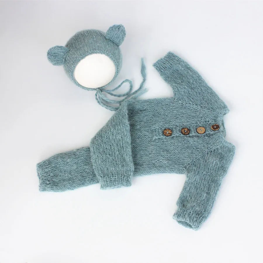 Hand Made Newborn Mohair Onesie  Photography Props Baby  Bear Bonnet & Romper Set