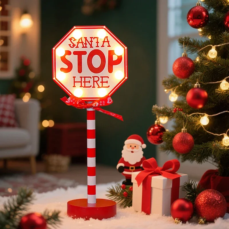 Christmas Santa Stop Here Table Sign Light Wooden LED Desk Ornament Xmas House Octagon Tabletop Decor Home Holiday Indoor Party