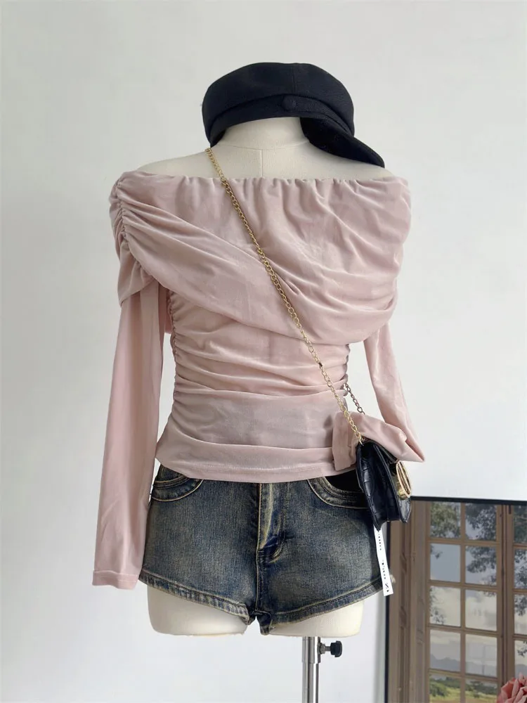 

Korean-style Elegant Pleated Knit Sweater Cozy Sexy Off-the-shoulder Sweater Temperament Sweet Design Sense Knit Sweater