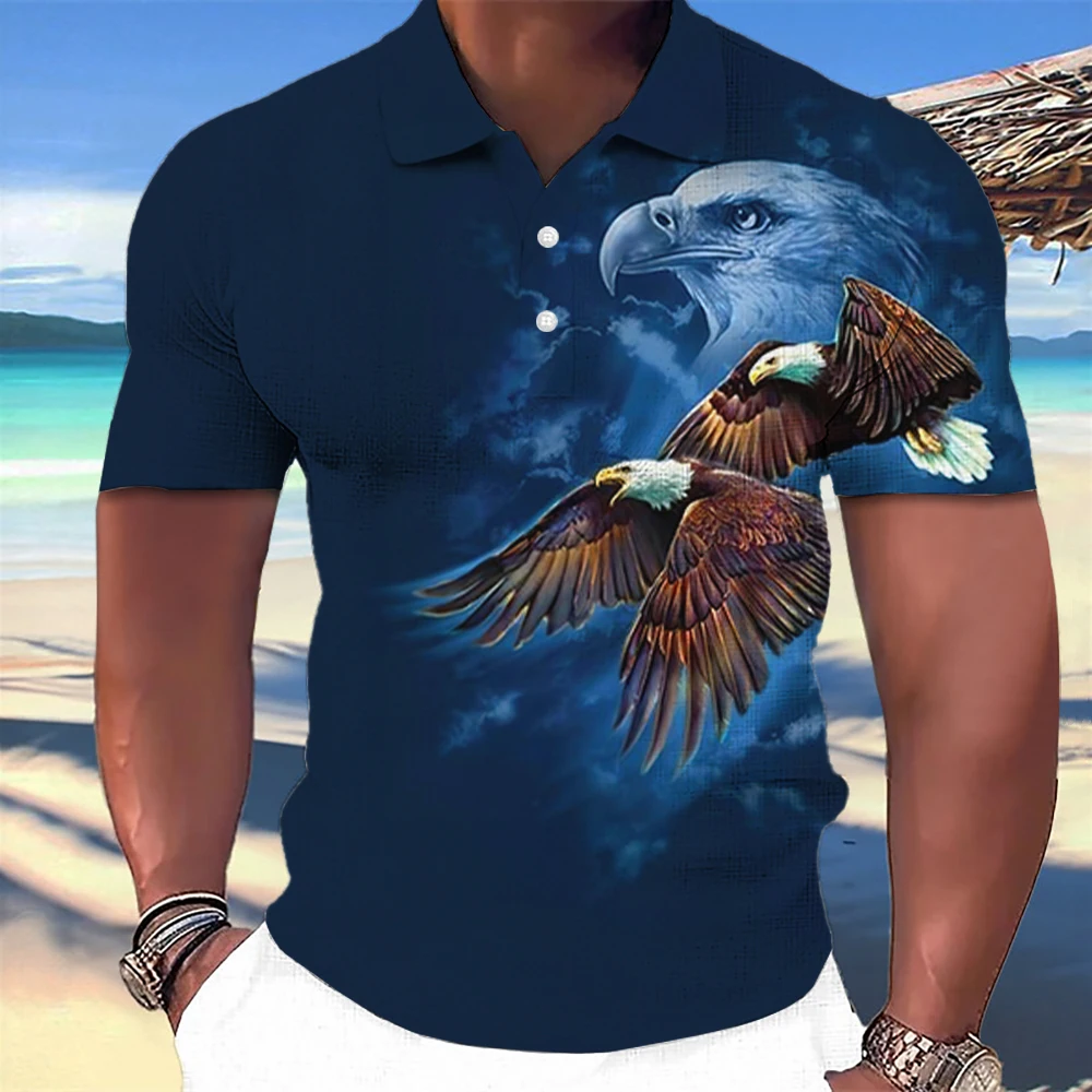 Animal Eagle Pattern 3D Print Summer Button Down Collar Men's Polo Shirt Casual Short Sleeve Oversized Tops Fashion Men Clothing