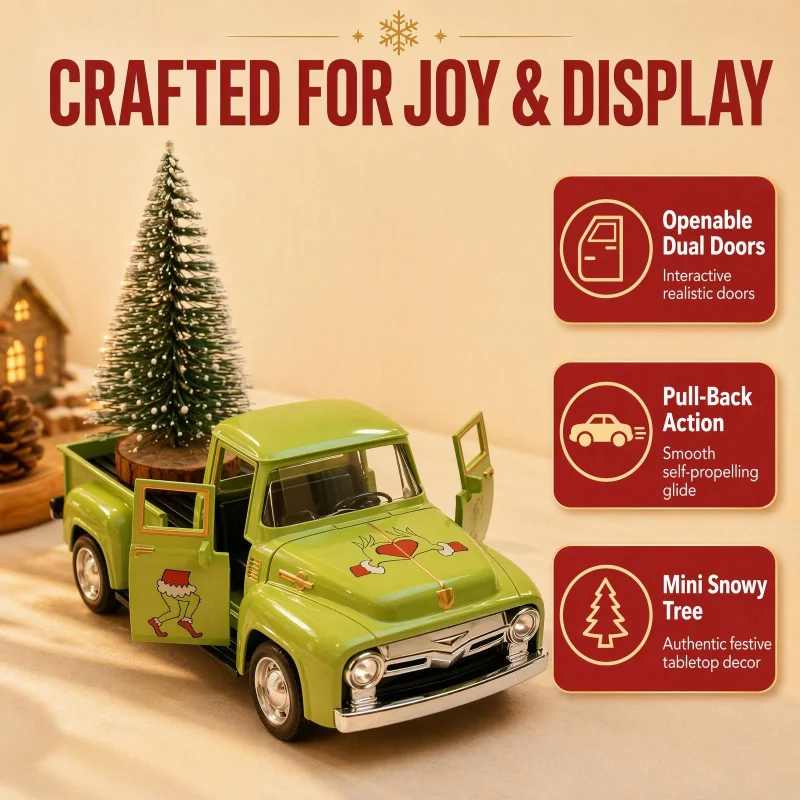 1/32 Retro Green Pickup Truck Metal Car Model, Holiday Scene Display Ornament, Creative Decorative Gift