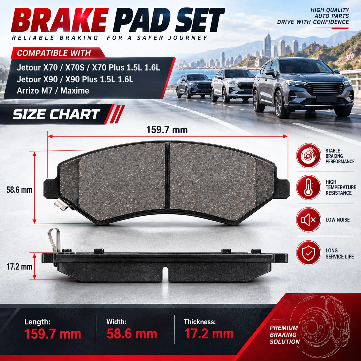 Ceramic Brake Pad 4PCs / Set For Jetour X90 X90 Plus X95, X70 X70 Plus X70S, Arrizo M7 Maxime Kaiyi X5 F01-3501080 Front Axle