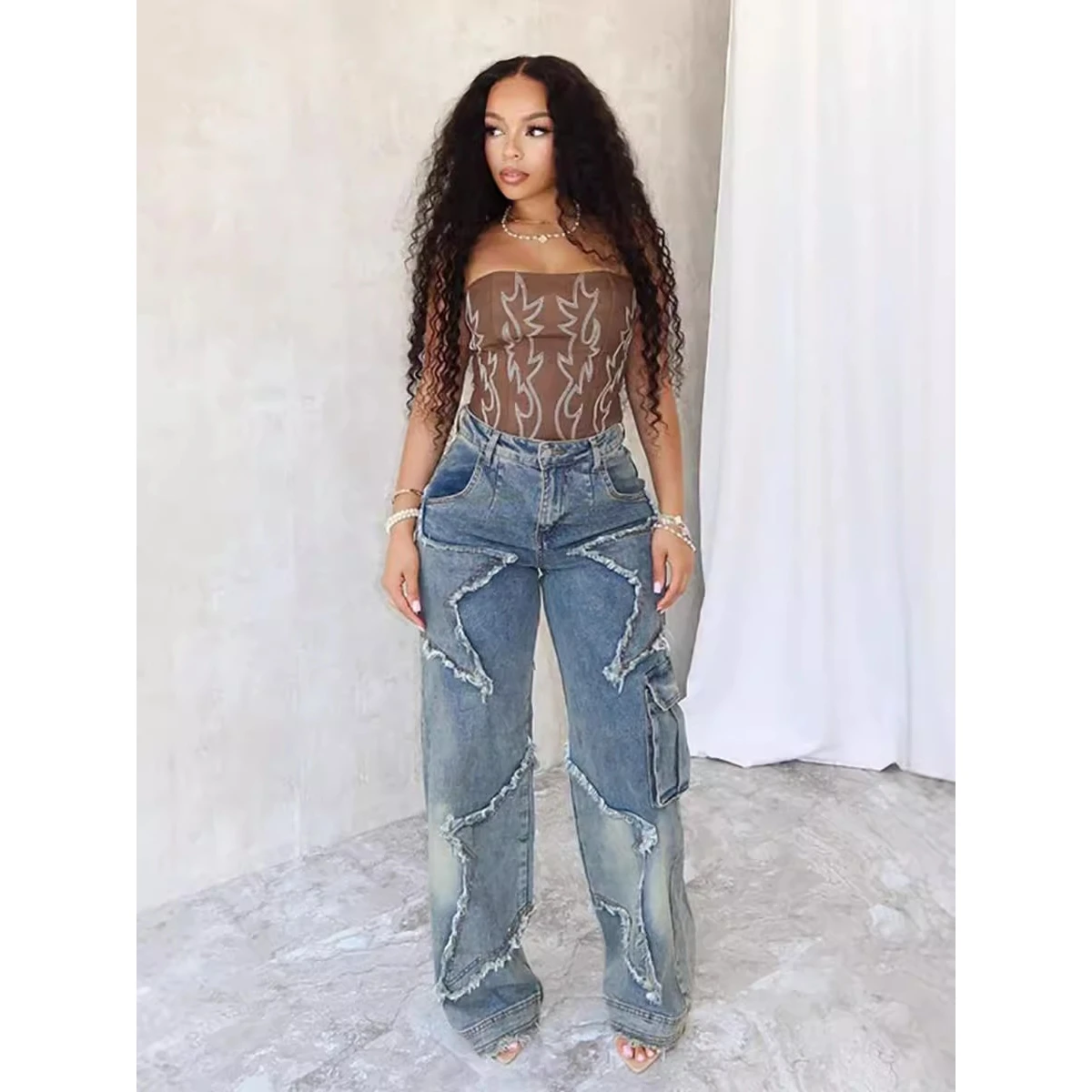 Losse casual damesjeans met rechte pijpen, gerafelde zoom, lamsfluwelen stof, herfst winter, nieuwe Sle Star kwastje, wijde pijpen broek