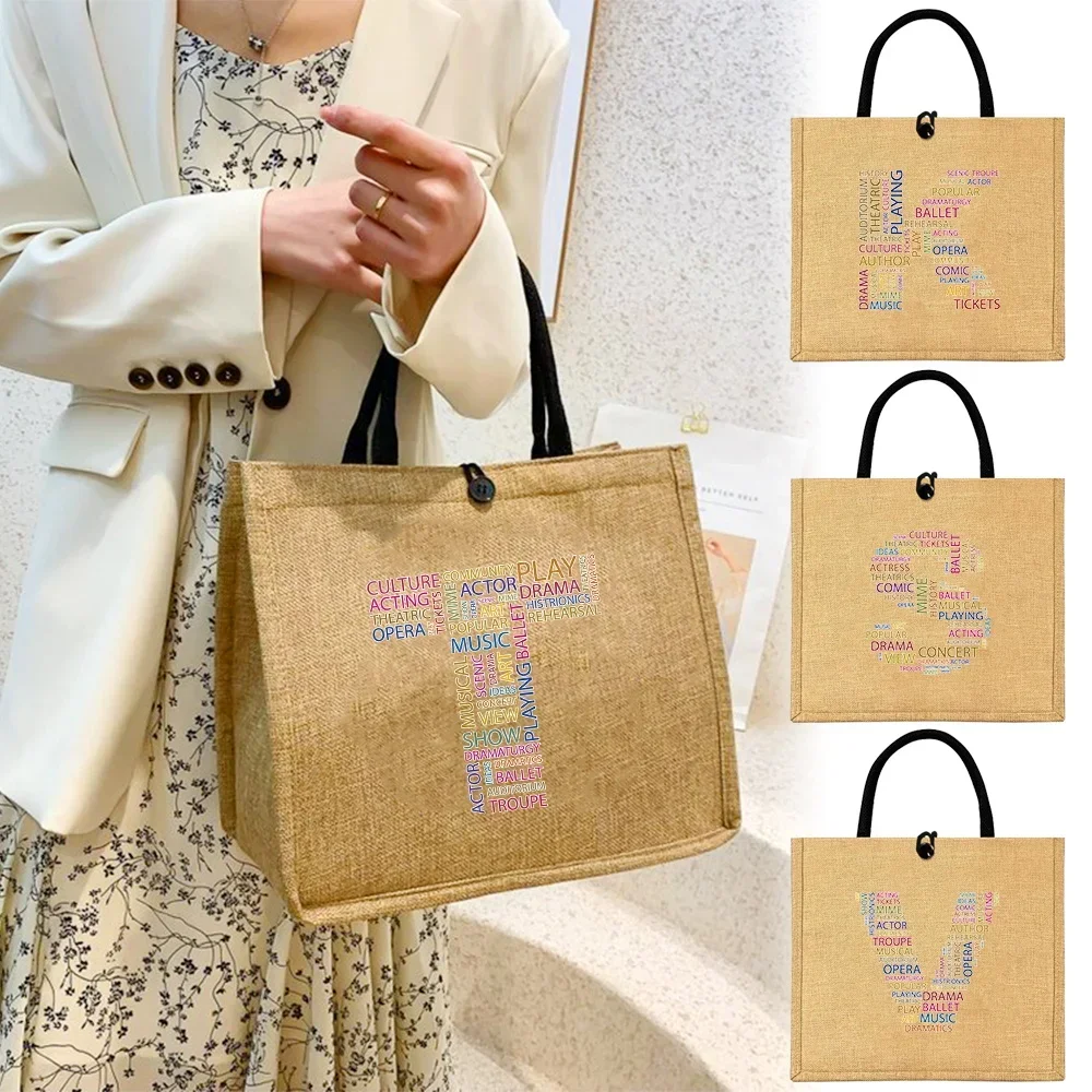 

Linen Bag Button Handbag Organizer Storage Jute Tote Bags Cotton Shopping Women Handgrip Portable Text Printing Series