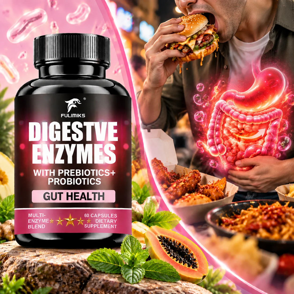 Fulimiks Digestive Enzymes Capsules, with Prebiotic Probiotics, Support Digestion & Gut Health, Bloating, Nutrient for Adults