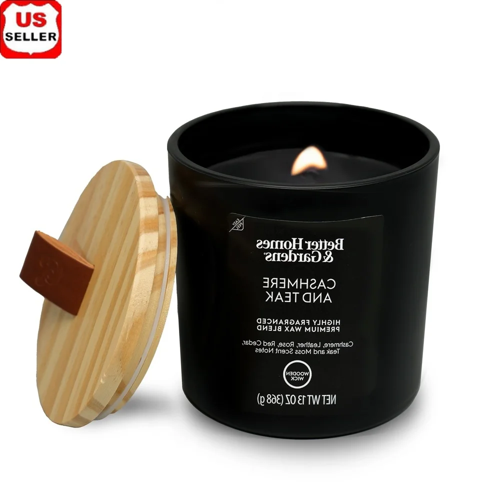 Vela de jarra de mecha de madera perfumada, 13oz, fragancia de teca de Cachemira, vidrio negro, decoración del hogar, tapa de cuero con tiempo de quemado de 65 horas