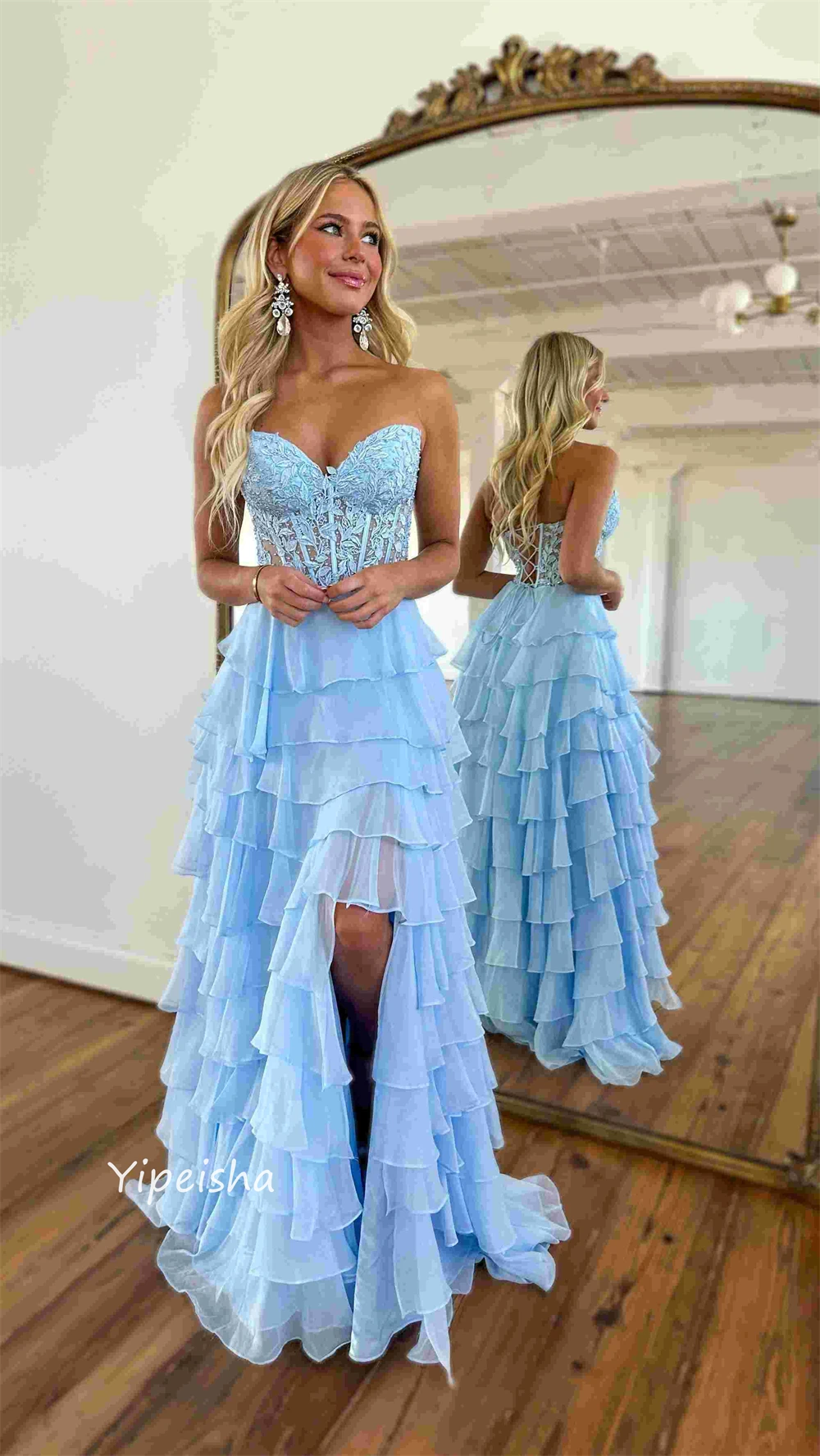 Sexy Exquisite Strapless Ball Gown Tiered Appliques Beading Chiffon Bespoke Occasion Dresses Evening 