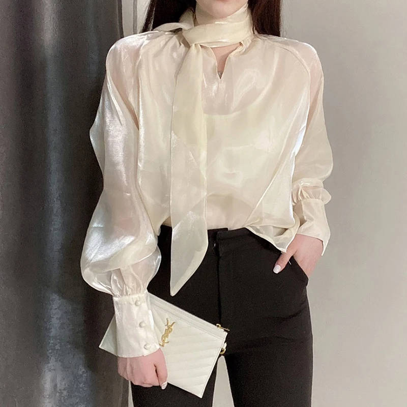 QOERLIN Pink Gauze Blouse Stand Collar Women Lantern Sleeve Loose Bowtie Fashion Black White Tops Office Ladies Elegant Shirts