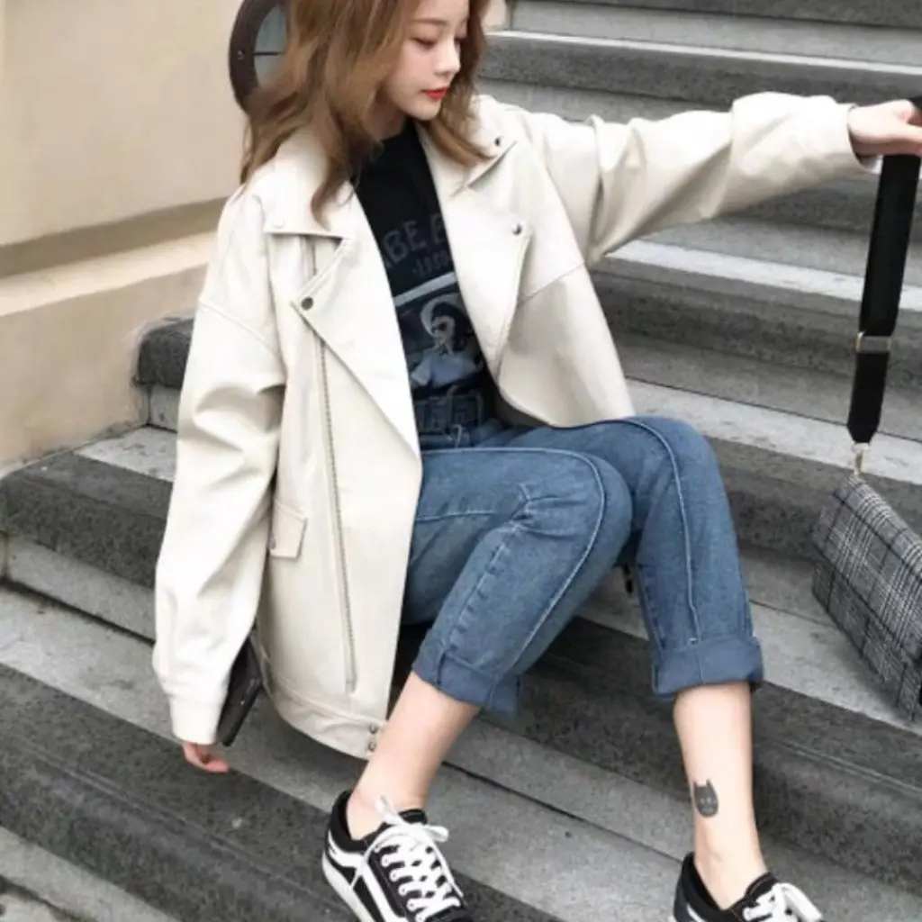 Damska, ocieplana kurtka motocyklowa ze skóry, styl koreański BF, luźny krój, mieszanka PU i bawełny, krótka kurtka na jesień i zimę.