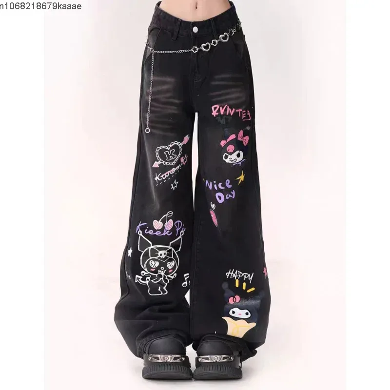 Sanrio kuromi impresso micro queimado jeans estilo coreano nicho solto calças retas y2k moda feminina cintura alta calças de perna larga