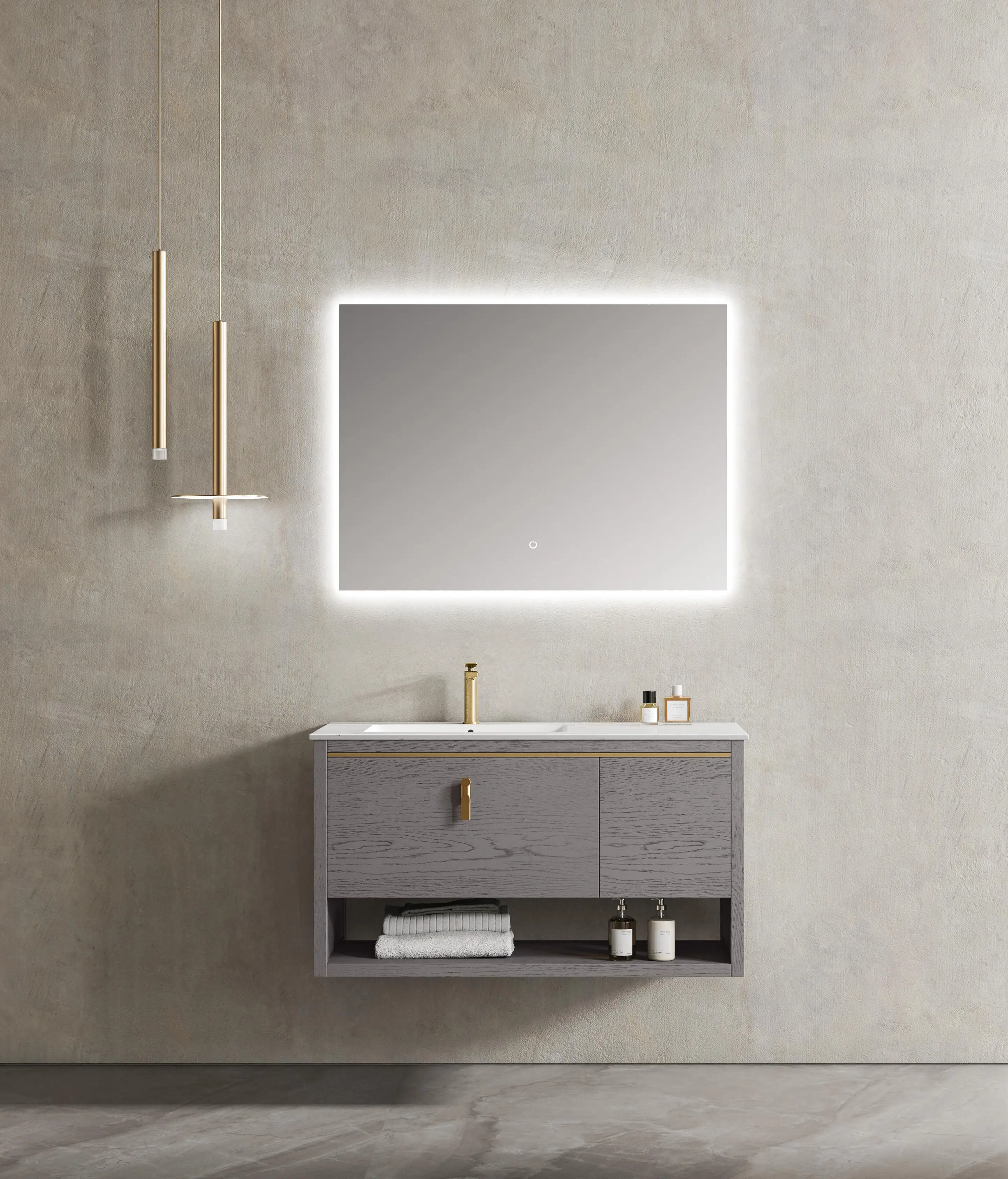 Imagen 4: Mueble de lavabo de baño montado en la pared de madera maciza moderno, tocador resistente al agua, espejo LED, muebles de construcción para casa y Hotel