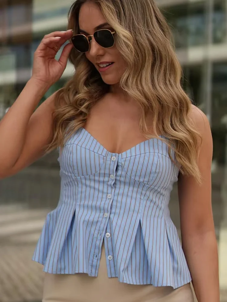 HH Summer Women V-Neck Sleeveless Stripe Mini Top 2025 Woman High Street Slim Short Dress Pleated Button Decoration Top