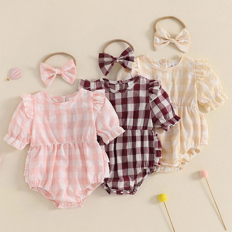 Sweet Newborn Baby Girls Summer Causal Rompers Ruffles Short Sleeve O-neck Plaid Print Jumpsuits Playsuits Headband Outfits