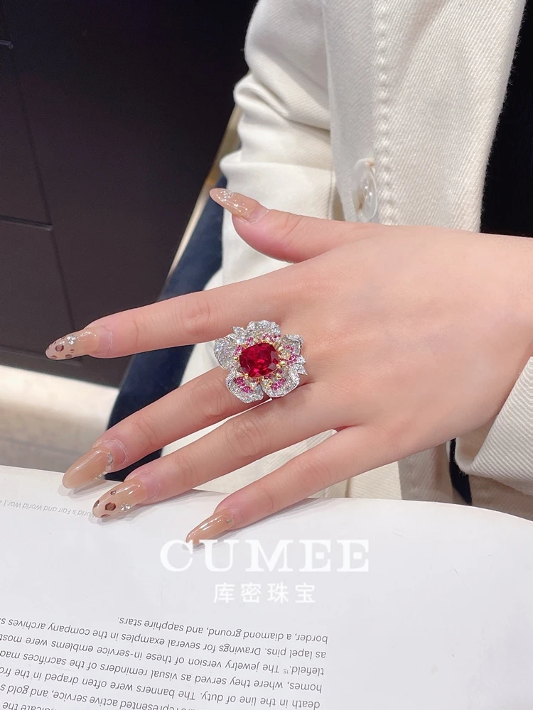 Cumee Fine Jewelry Peony Series Noble Cultivation Синтетический рубин Кольцо Серьги Брошь Набор для женщин. Посеребренное золото 925.