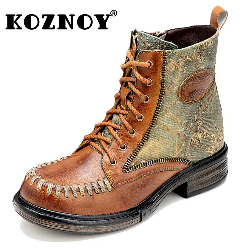 Koznoy Denim Zeppe Stivali 3 cm Tela Cowboy Donna Pelle di pecora Caviglia Retro Etnico ZIP Piattaforma di grandi dimensioni Autunno Primavera Scarpe