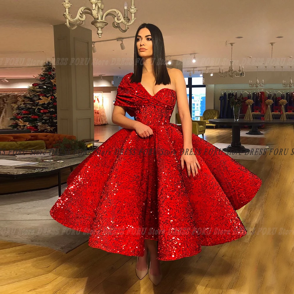 Gorgeous Red Velour Ankle Length Prom Dress One Shoulder Sleeveless Glitter Sequin Celebrity Party Gown For Women's Wear Feista