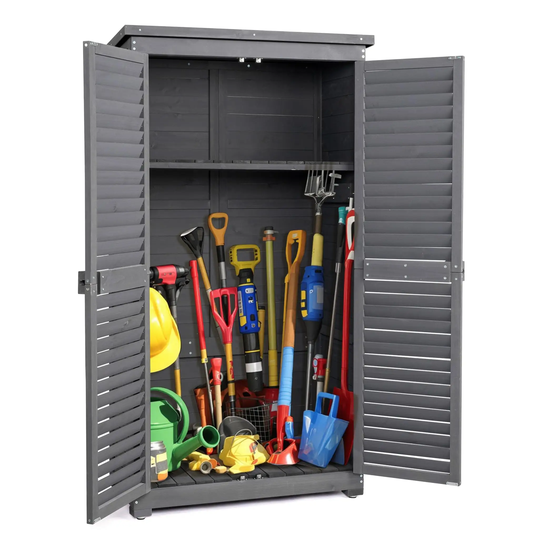 Outdoor Storage Cabinet, 63in, Grey | Wooden Garden Tools Shed, 2 Lockable Doors, 3 Adjustable Shelves, Waterproof Roof