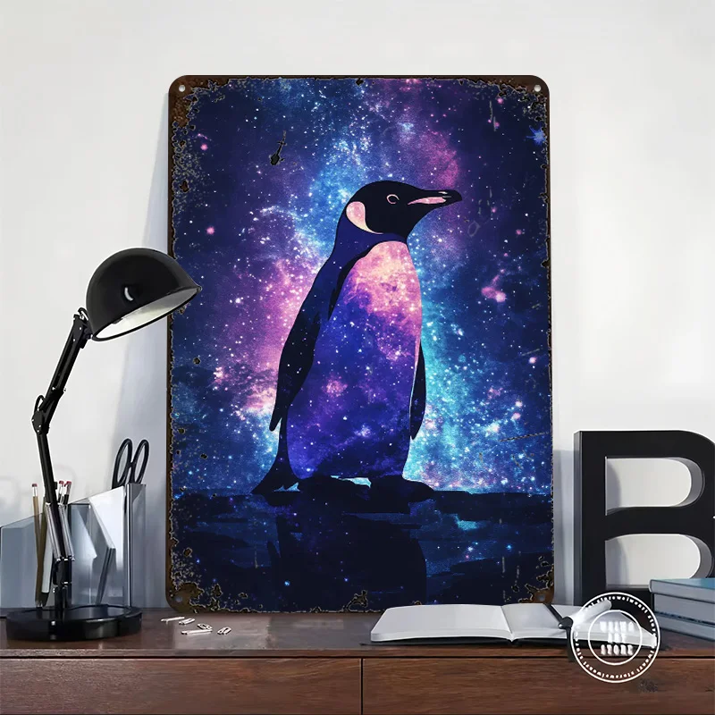 Galaxy Penguin Tinplate Poster Customized Wall Art Vintage Metal Signs Retro Plates for Home Decor Room Wand Deko Interior House