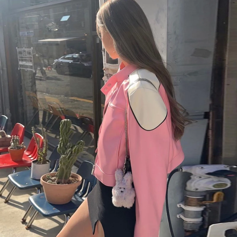 Giacca in pelle rosa Bomber donna Varsity maniche lunghe Bomber giacche moto Vintage americane nuovi cappotti corti 2024