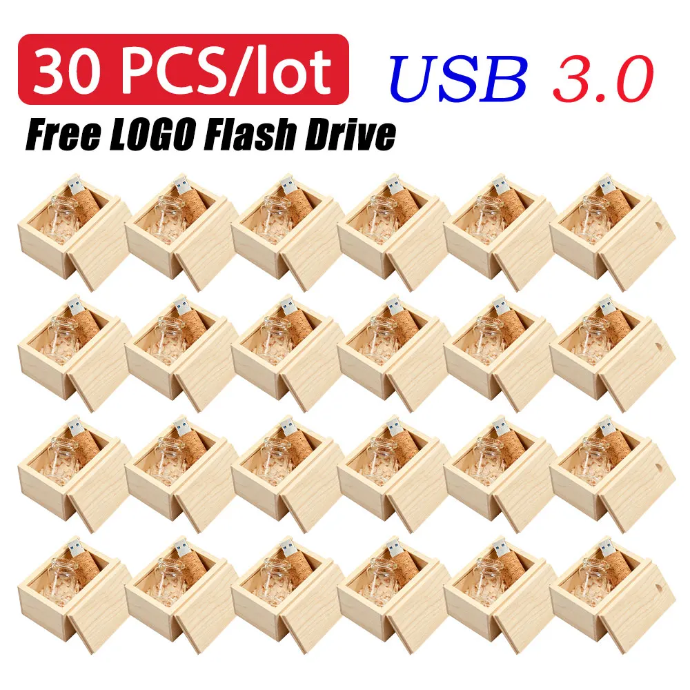 30pcs Free LOGO Wooden USB 3.0 Pen Drives 128GB Wishing Bottle Memory Stick 64GB Wedding Gift Photography Flash Drive 32GB 16GB
