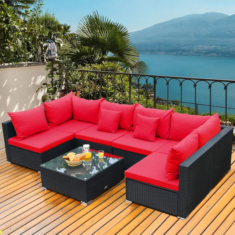 

Red Outdoor 7-Piece Wicker Sectional Sofa Set with Cushions and Coffee Table