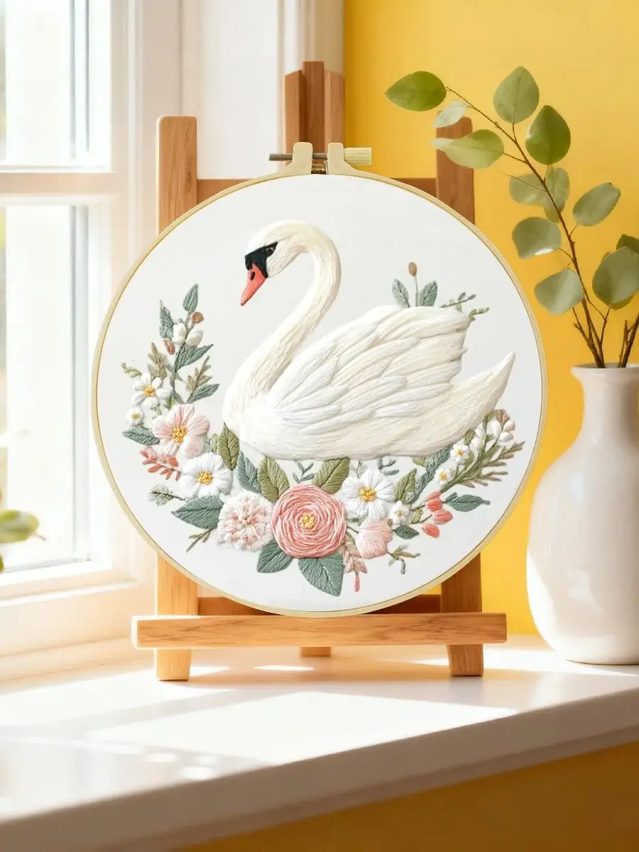 1 Stück 20X20CM/15X15CM 7,87/6,3 Zoll Schwan-Stickerei-Starter-Kit DIY-Kit DIY-Stickerei-Set Handarbeiten Nähkunst Heimdekoration – Detail 6