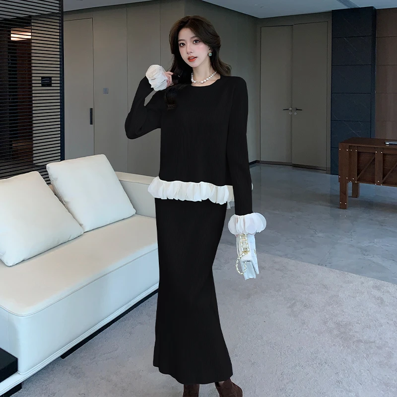 

Autumn Solid Color O-neck Sweater Dress Sets Women's Clothing 2025 New Long Sleeves Petal Design Sense Knitted Short Skirt Set