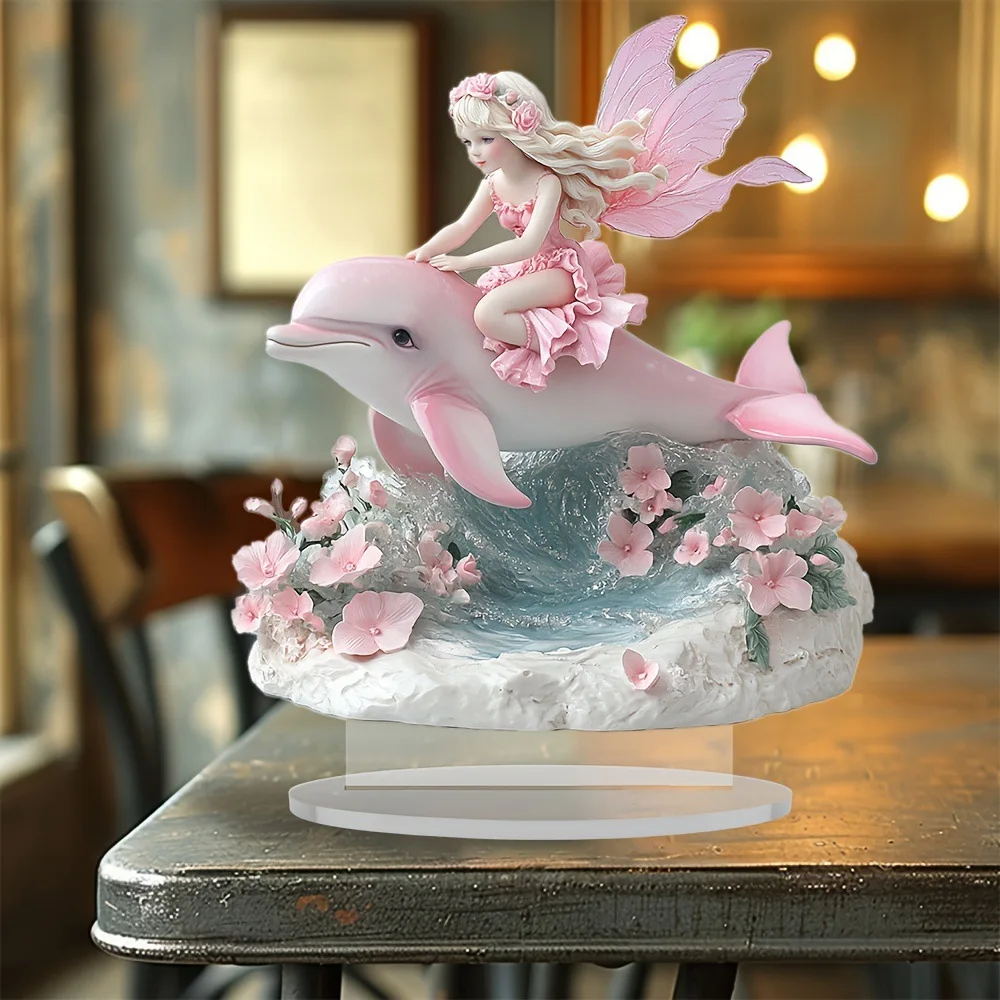 Bohemian Style 2D Flat Pink Fairy Riding Dolphin Acrylic Standee Floral Wave Design Desk Decor Home Table Ornament Gift Keychain