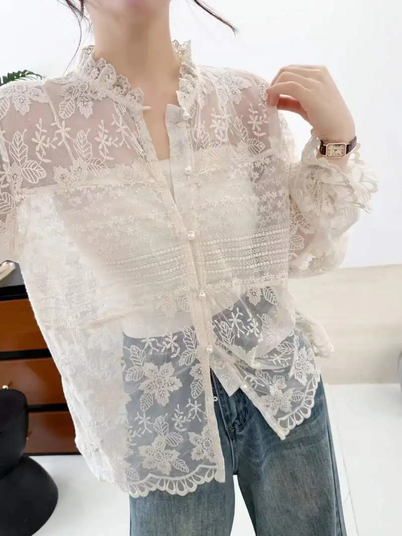 Japanische Süße Mori Mädchen Spitze Stickerei Sheer Perspektive Shirts Frauen Frühling Herbst Stehkragen Langarm Chic INS Bluse