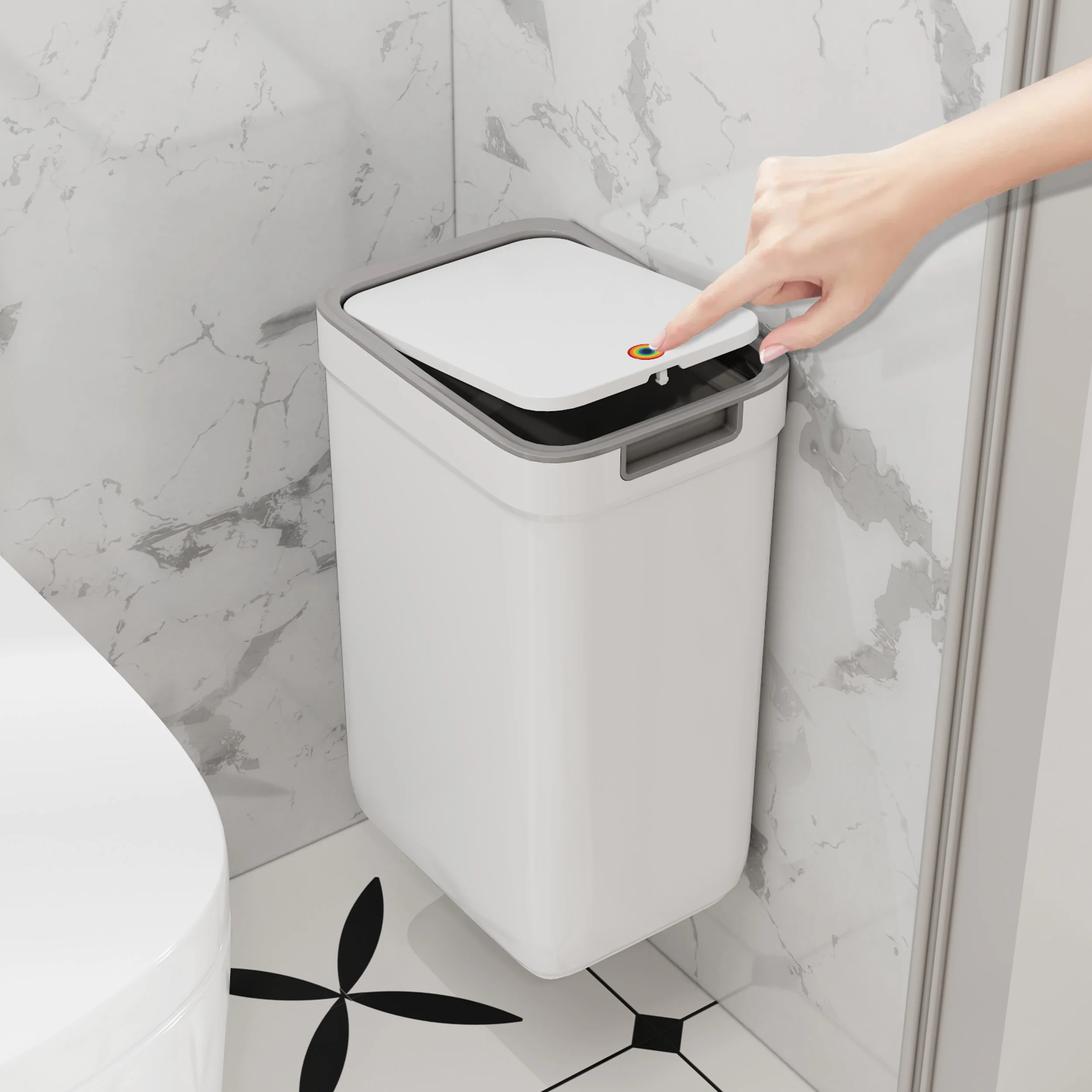 Berührungsloser Badezimmer-Mülleimer: Geruchsdichter, berührungsloser, wandmontierter Badezimmer-Mülleimer |   Langlebiger Kunststoff, rechteckiges Design