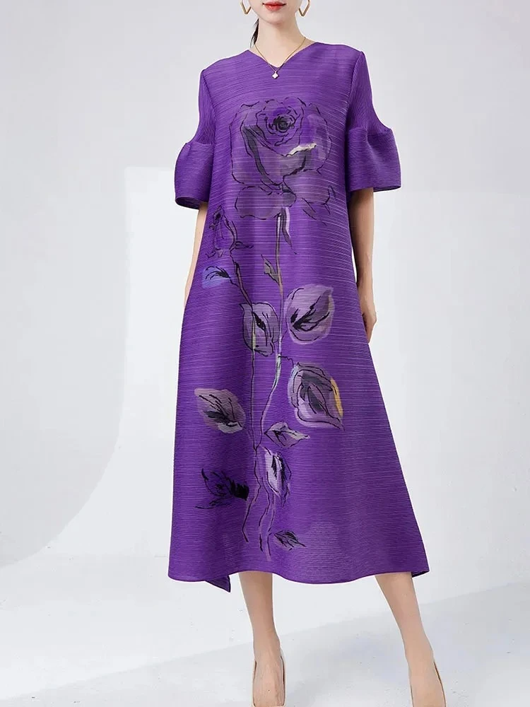 

Женское платье с v-образным вырезом и плиссированным принтом и рукавами-фонариками Miyake, лето 2024, новый дизайн, свободные модные повседневные элегантные платья большого размера