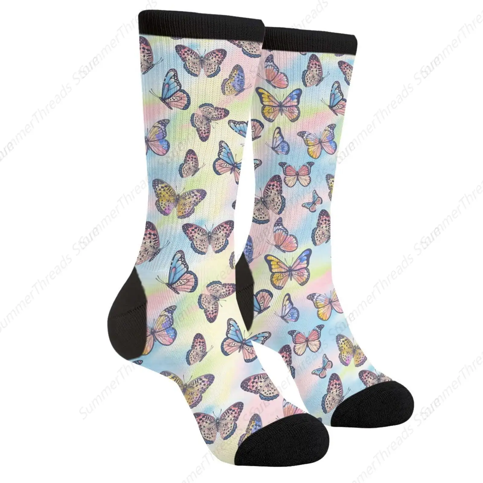 Pastel Butterfly Tie Dye Funny Novelty Socks Casual Athletic Crazy Cute Crew Socks For Women Men