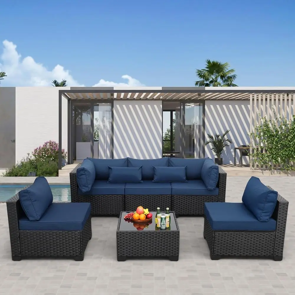 

6-Piece All-Weather Wicker Outdoor Sectional Furniture Set with Glass Table, Navy Blue Cushions and Waterproof Cover