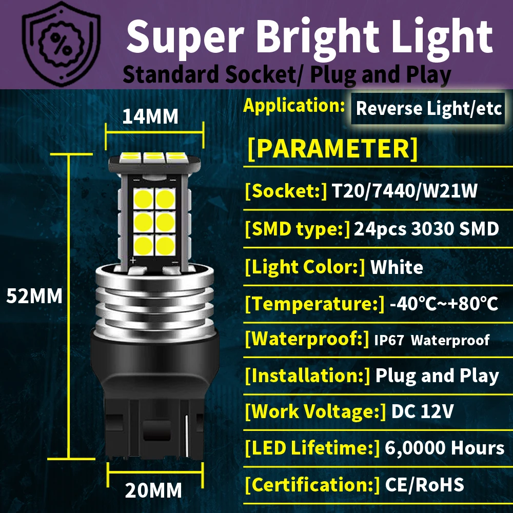 2pcs T20 W21W 7440 LED Canbus Reverse Light 7505 Backup Bulb For Toyota Camry V2 Corolla E11 MR2 iQ Prius W3 Plus W4 Yaris P15 view 3
