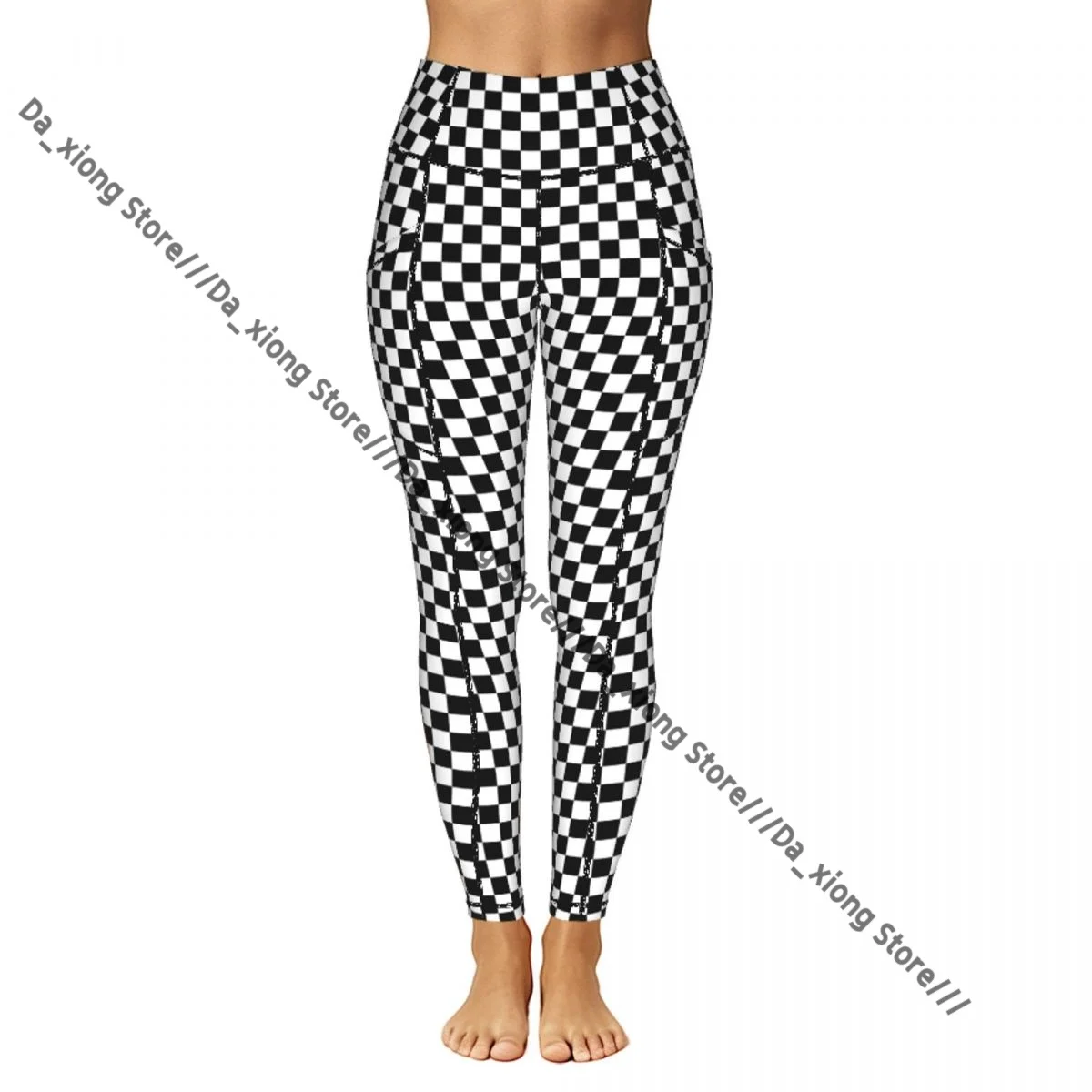 Casual Ladies Yoga Leggings Checkered Flag Race Background High Waist Outdoor Jogging Pants