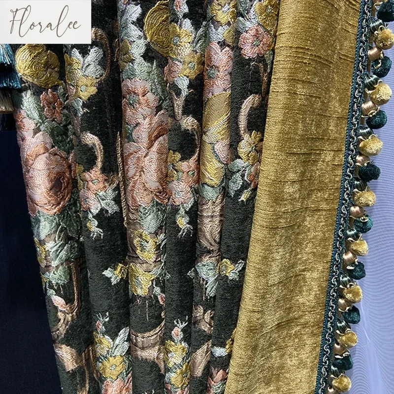 

American High-end Dark Green Chenille Jacquard Curtains For Living Room Bedroom Villa Stitching With Thickened Customization